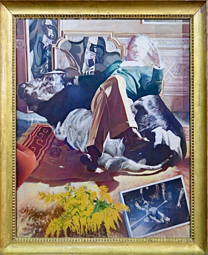 Marzio Cecchi sulla poltrona Mucca, da lui disegnata. Dipinto dell'artista Dosi, 1970